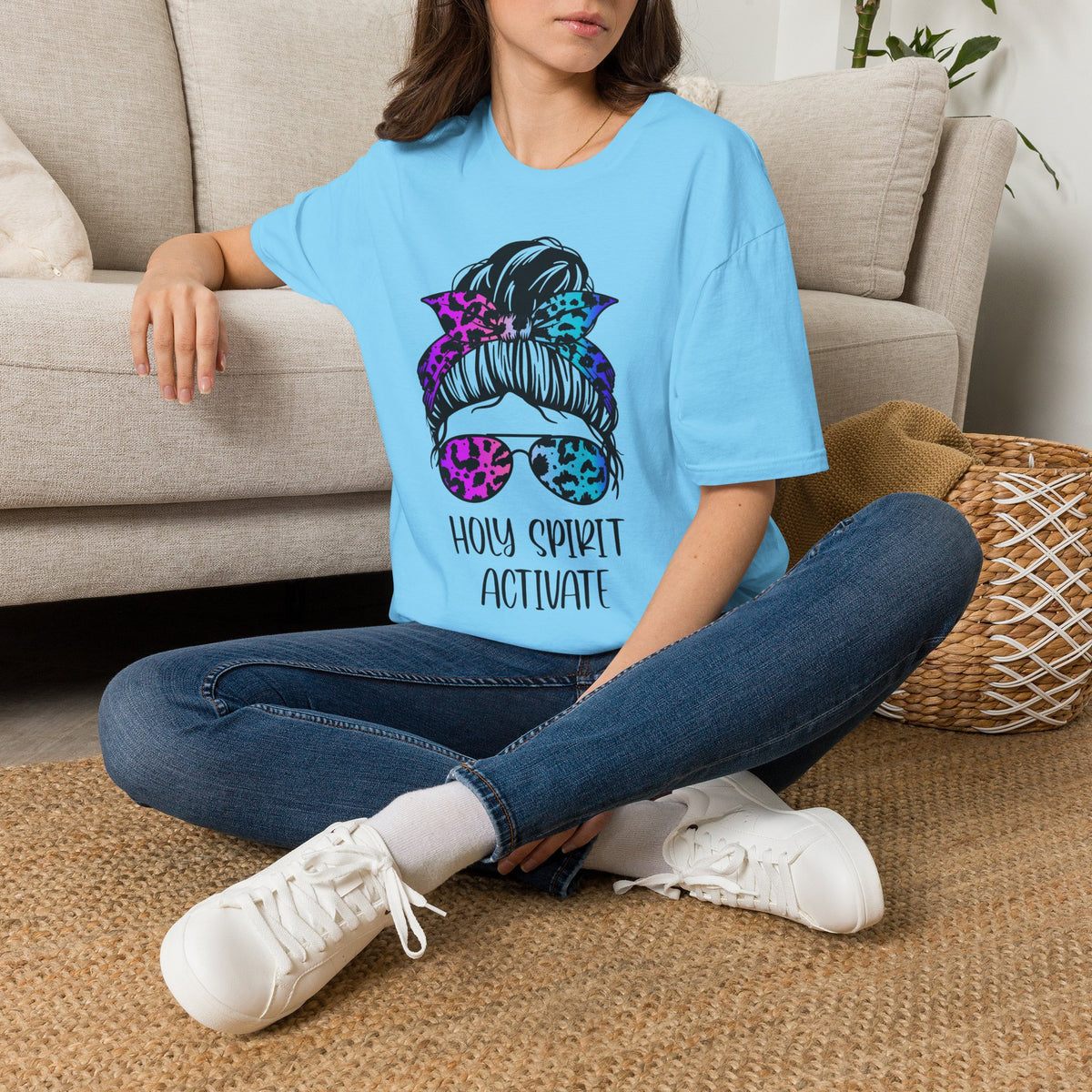 T-Shirt — Holy Spirit Activate Messy Bun Graphic Tee (Leopard Bow & Sunglasses)
