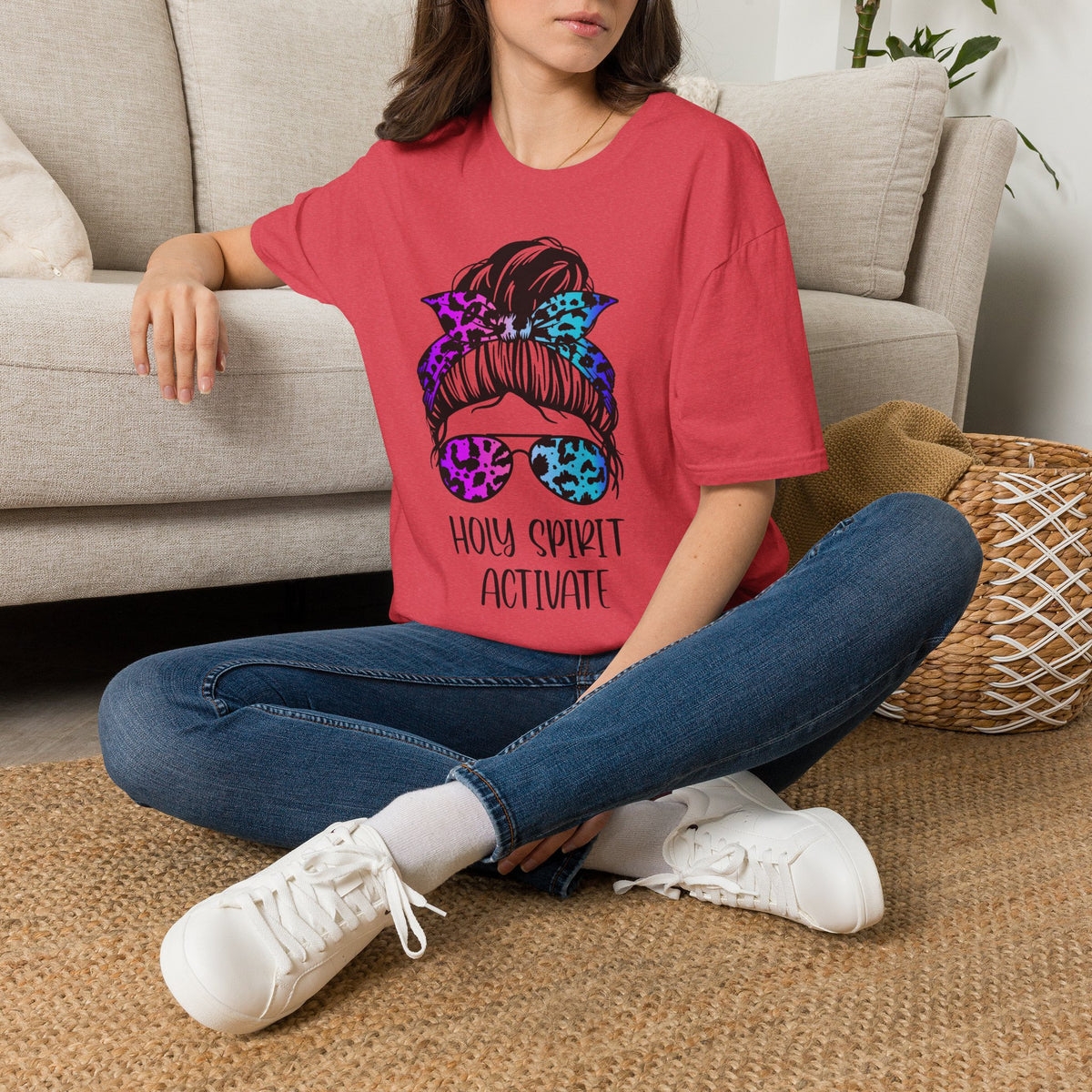 T-Shirt — Holy Spirit Activate Messy Bun Graphic Tee (Leopard Bow & Sunglasses)