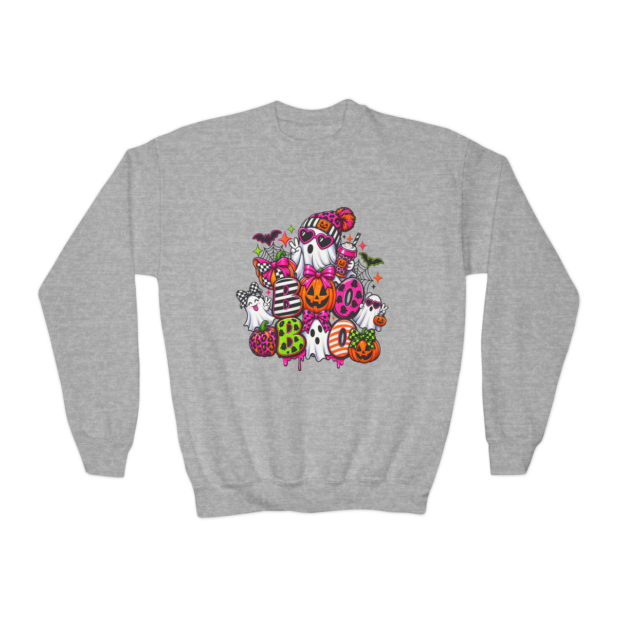 Youth Halloween Crewneck Sweatshirt — Colorful Haunted Pumpkin & Ghost Design