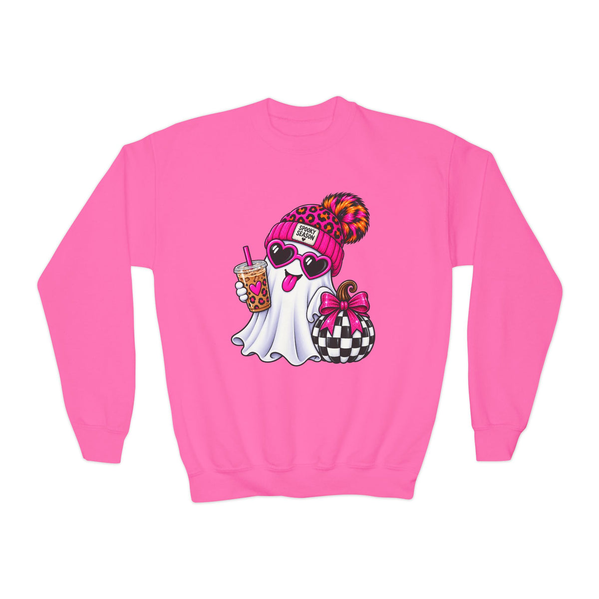 Cute Halloween Youth Crewneck Sweatshirt — Pink Beanie, Heart Sunglasses & Boba Teen Ghost Pullover
