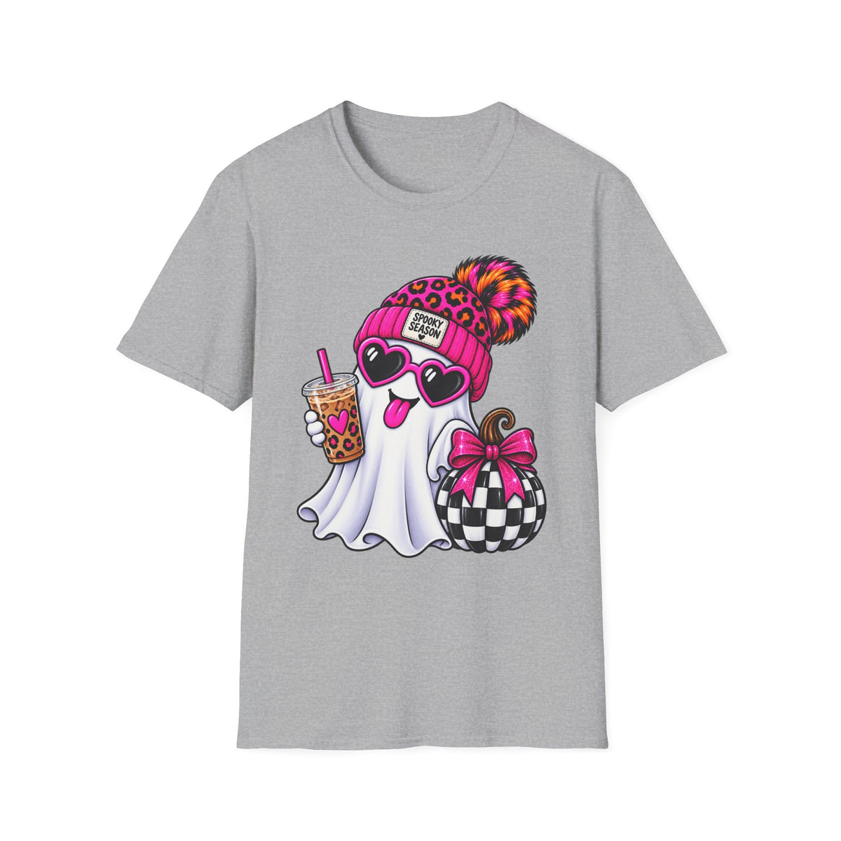 Spooky Season Ghost Tee — Cute Pink Beanie & Boba Halloween T-Shirt