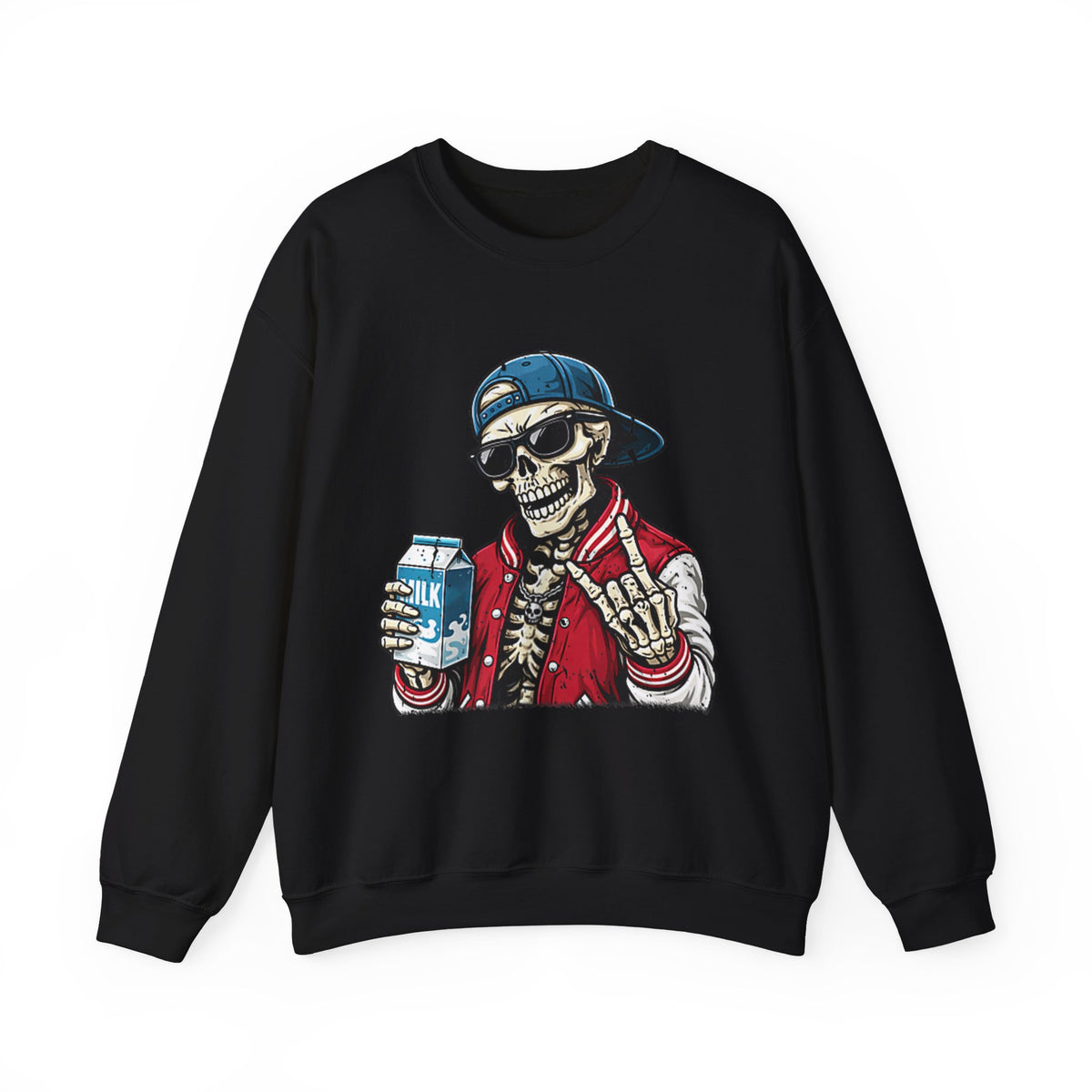 Skull Milk Crewneck Sweatshirt — Retro Skateboarding Skeleton Design