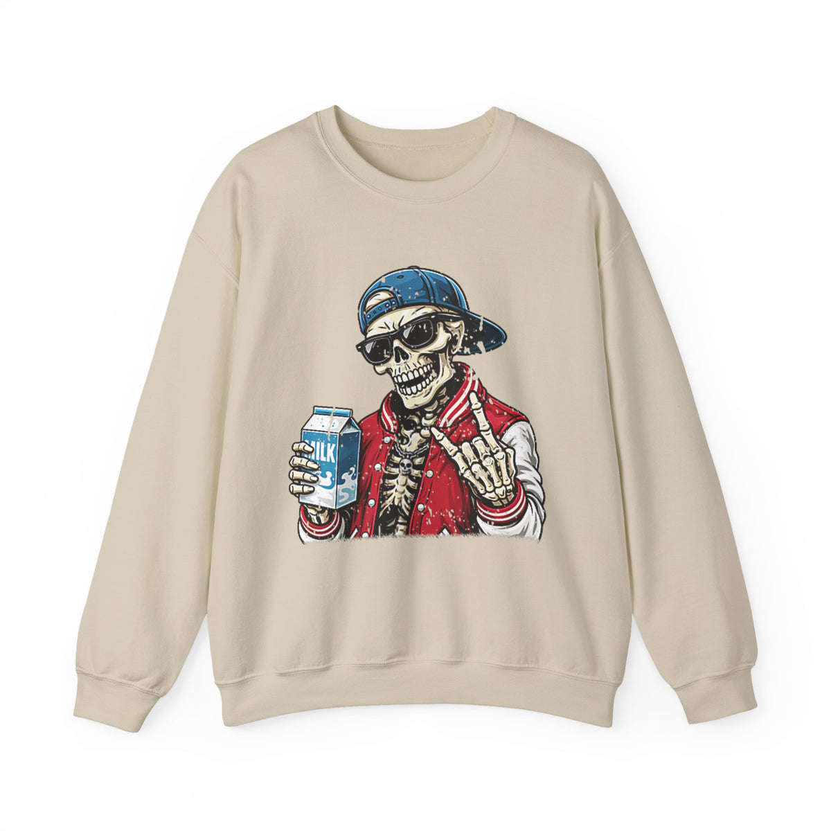Skull Milk Crewneck Sweatshirt — Retro Skateboarding Skeleton Design