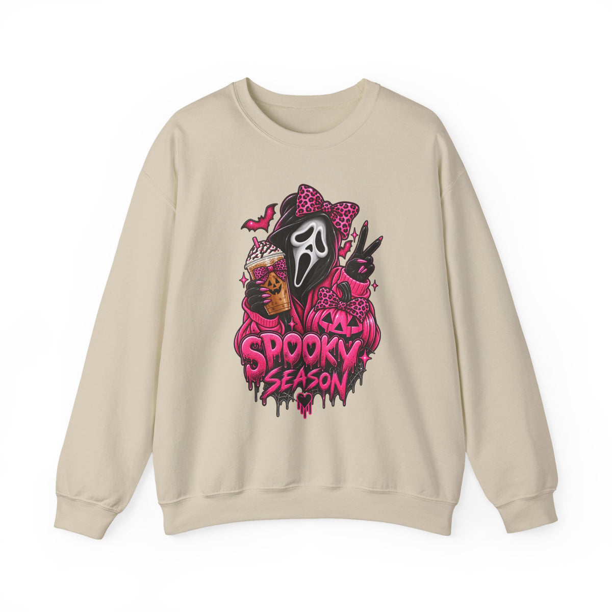 Spooky Season Crewneck Sweatshirt — Pink Horror Mask Graphic