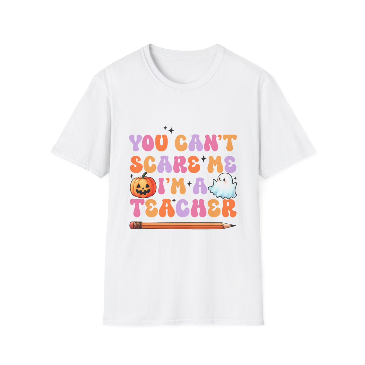 Teacher Halloween T-Shirt – “You Can’t Scare Me I’m A Teacher” Cute Retro Ghost & Pumpkin Tee