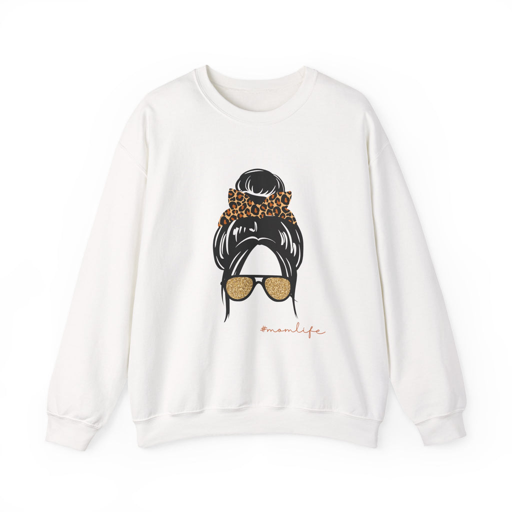 Crewneck Sweatshirt — Messy Bun with Leopard Scrunchie & Sunglasses “Mom Life” Graphic