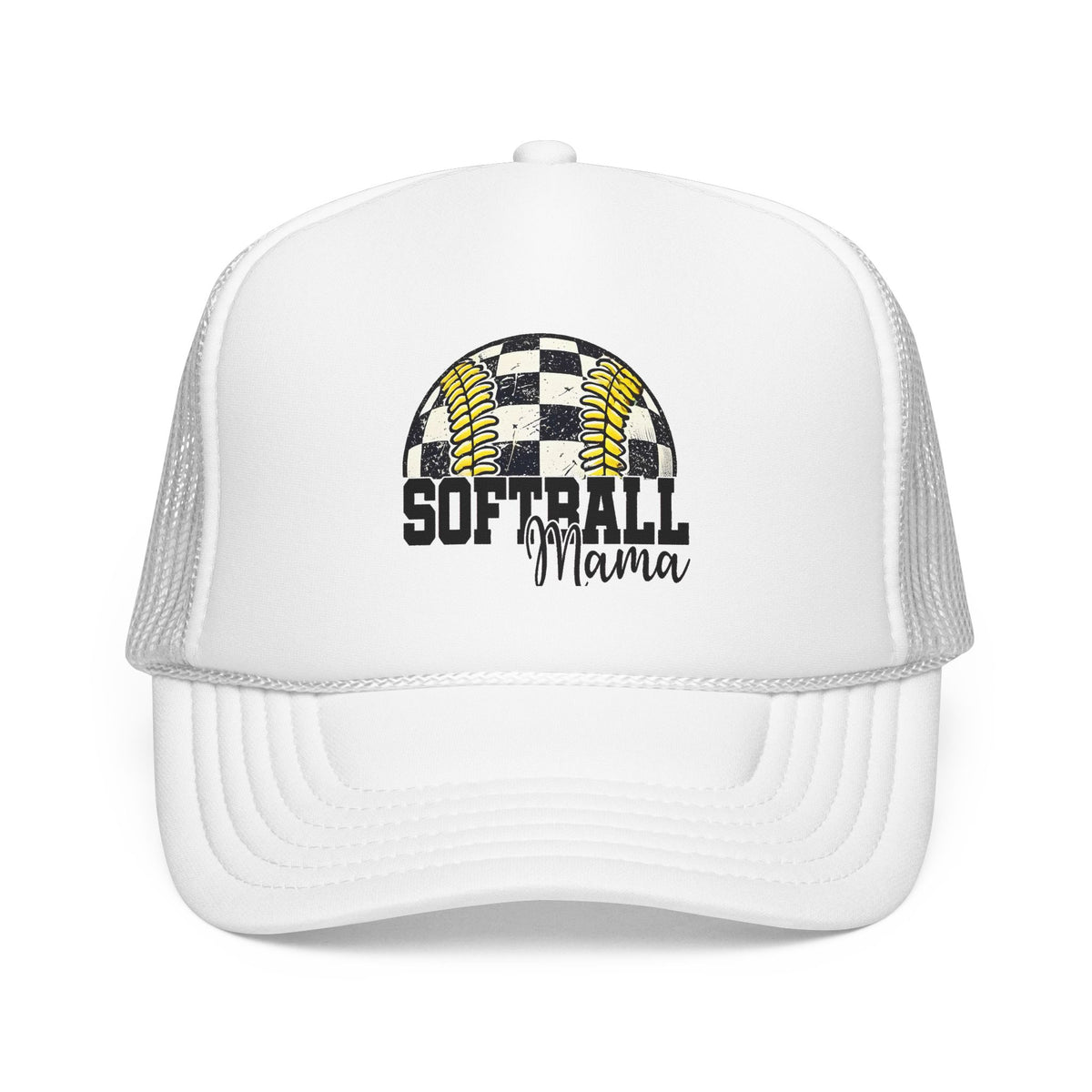Softball Mama Trucker Hat — Checkered Softball Foam Cap for Baseball Moms