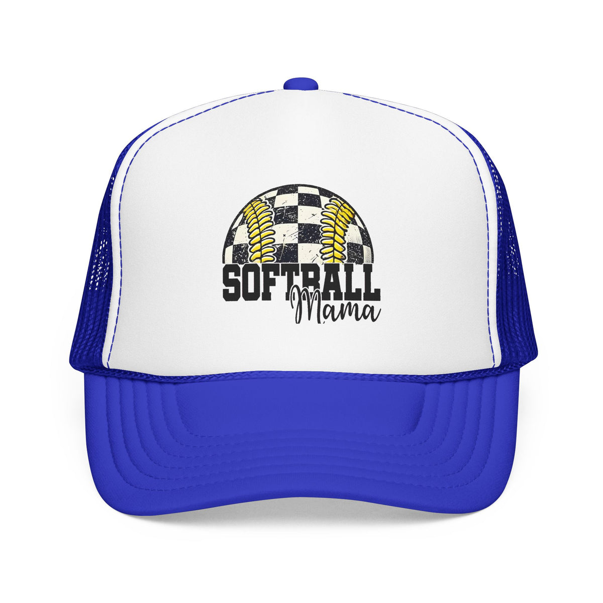 Softball Mama Trucker Hat — Checkered Softball Foam Cap for Baseball Moms