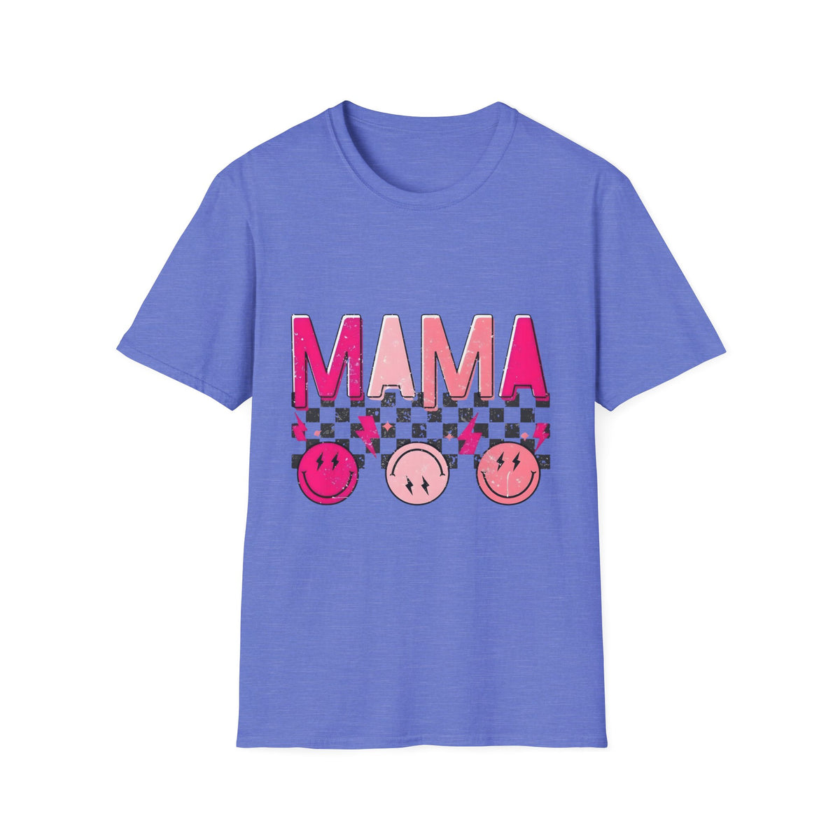 Mama Graphic T-Shirt — Pink Checkerboard Smiley Design