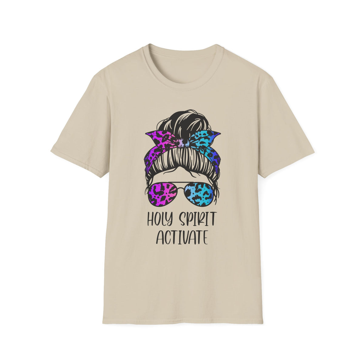 T-Shirt — Holy Spirit Activate Messy Bun Graphic Tee (Leopard Bow & Sunglasses)