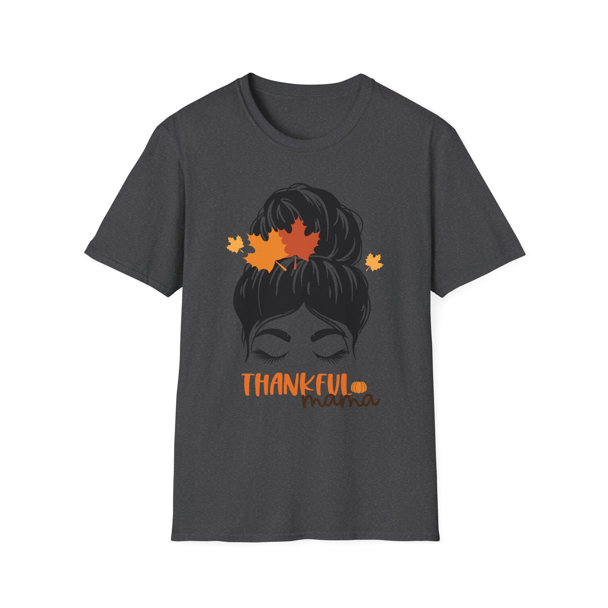 Thankful Mama T-Shirt — Messy Bun with Fall Leaves