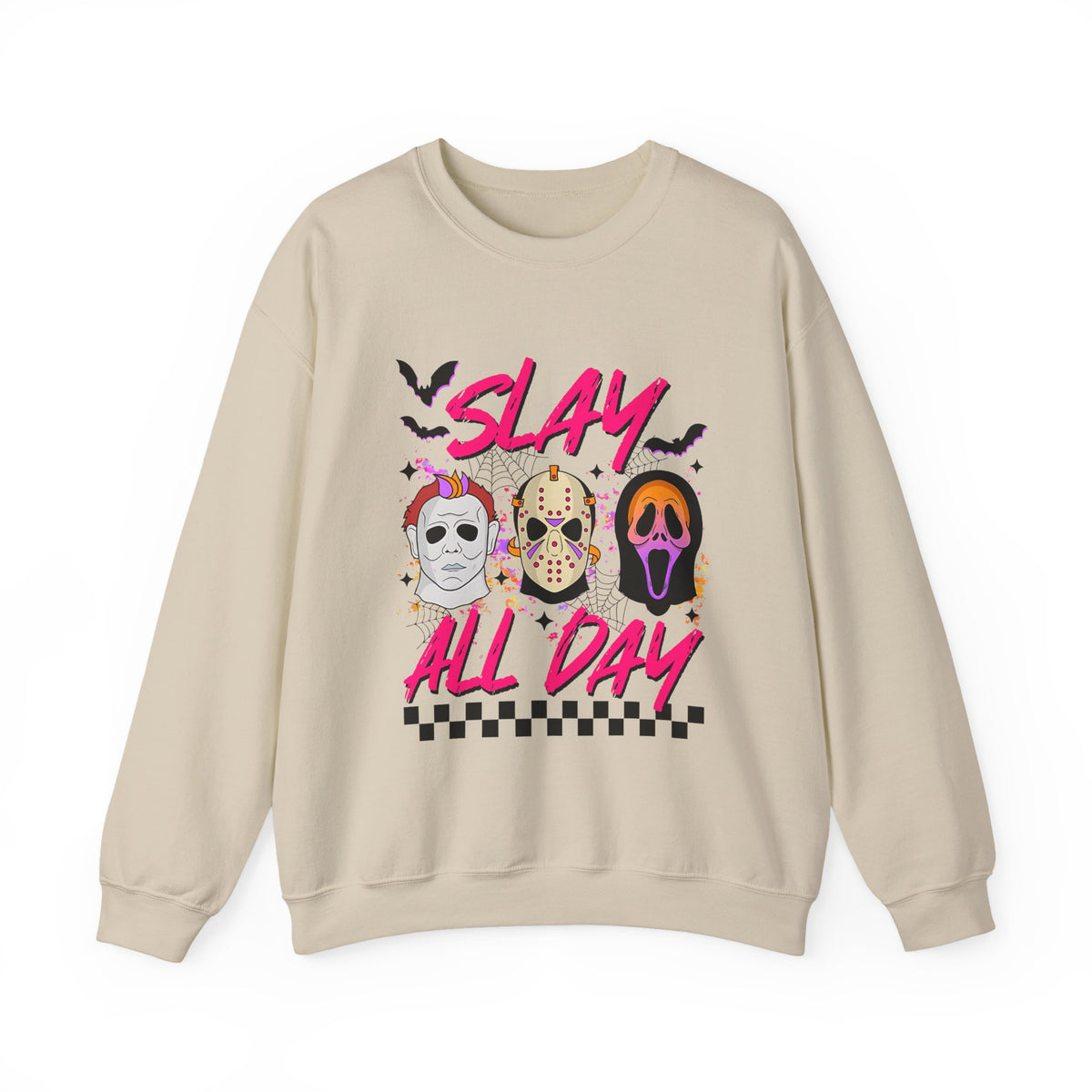 Slay All Day Crewneck Sweatshirt — Retro Horror Mask Graphic
