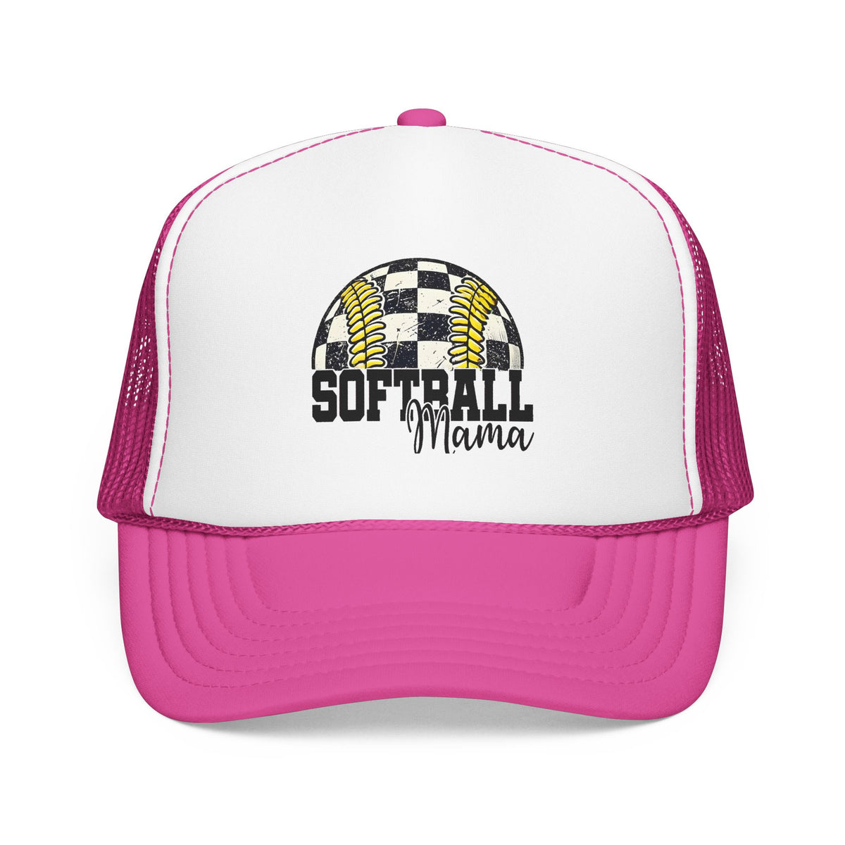 Softball Mama Trucker Hat — Checkered Softball Foam Cap for Baseball Moms