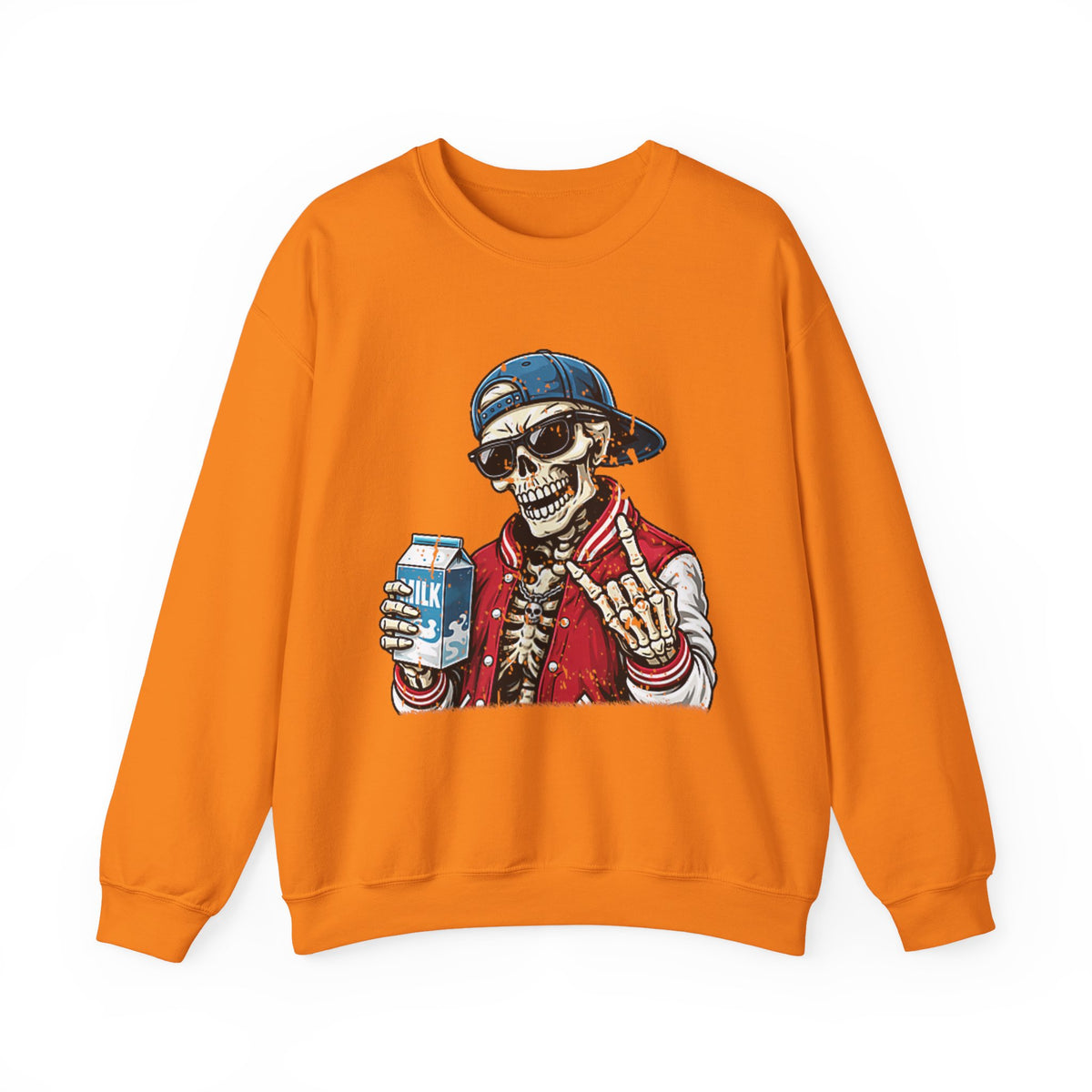 Skull Milk Crewneck Sweatshirt — Retro Skateboarding Skeleton Design