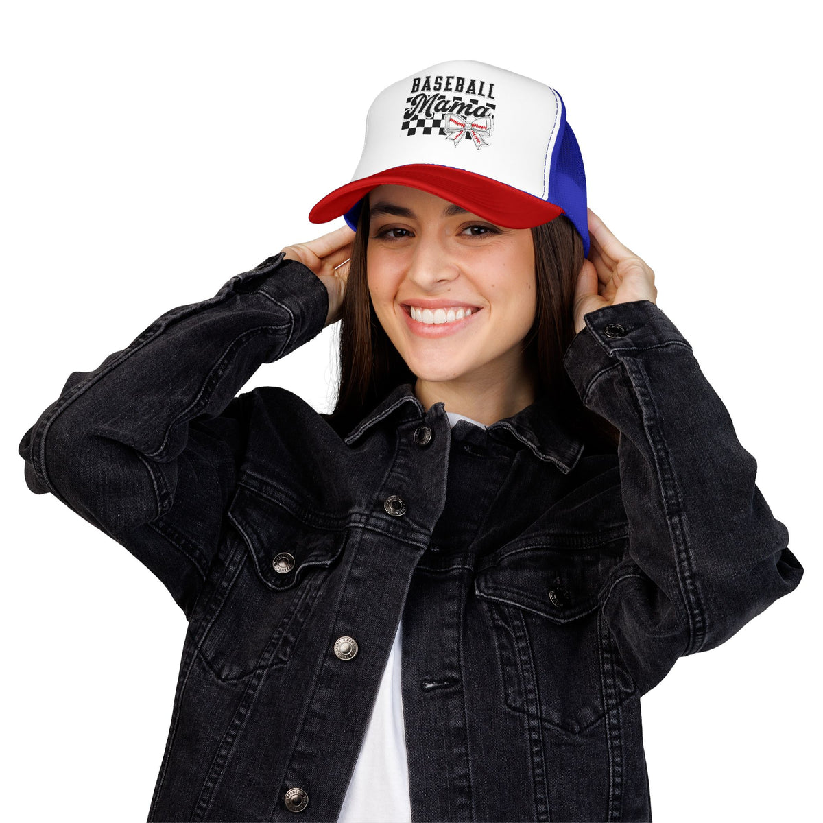 Baseball Mama Trucker Hat – Mom Cap with Checkerboard & Bow