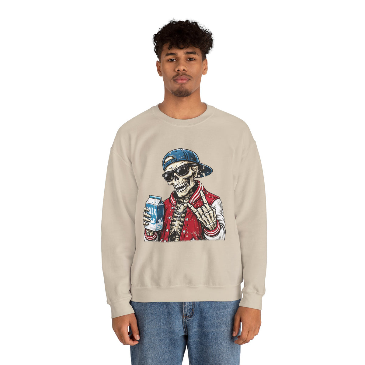 Skull Milk Crewneck Sweatshirt — Retro Skateboarding Skeleton Design
