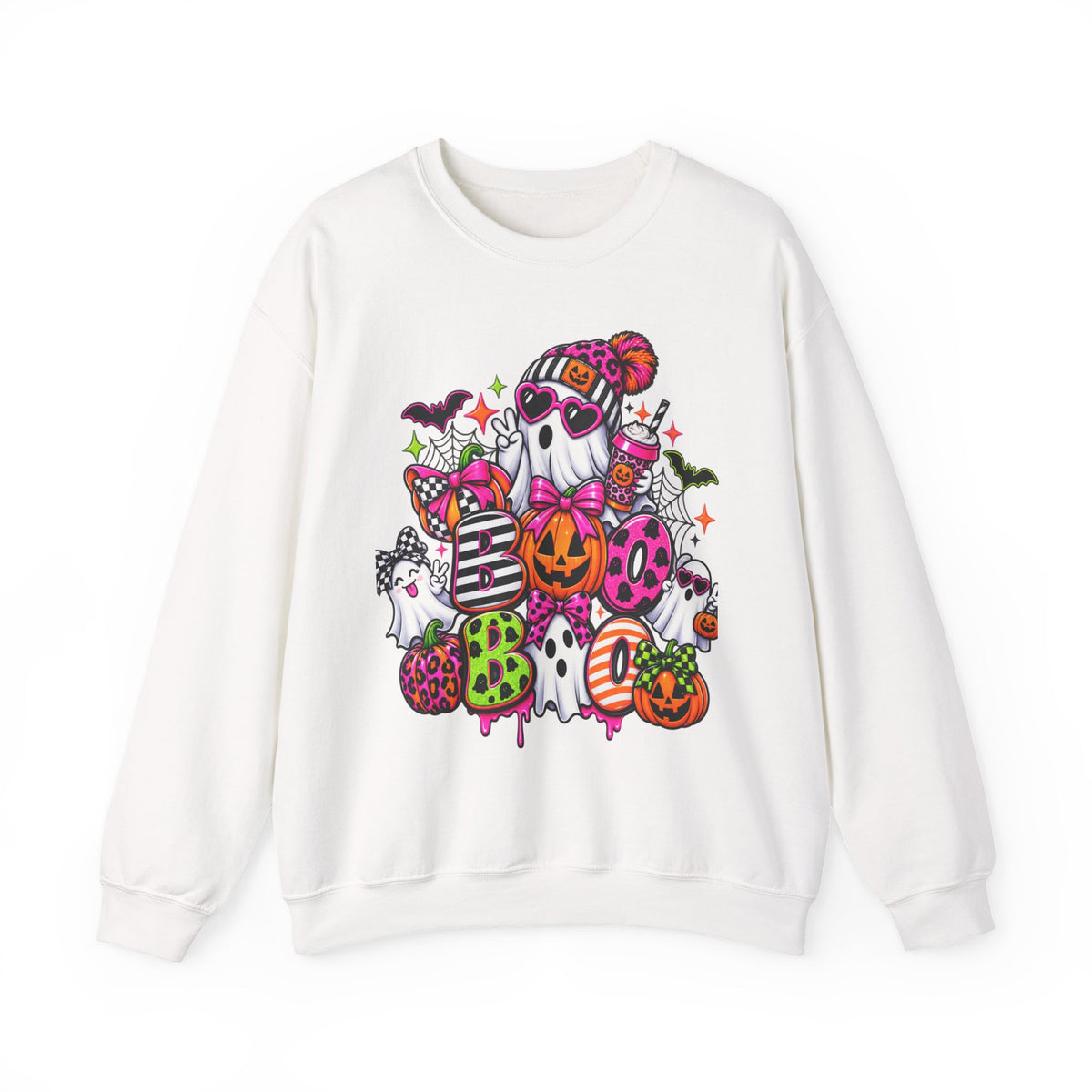 Cute Halloween Ghosts Crewneck Sweatshirt — Colorful Pumpkin & Candy Graphic