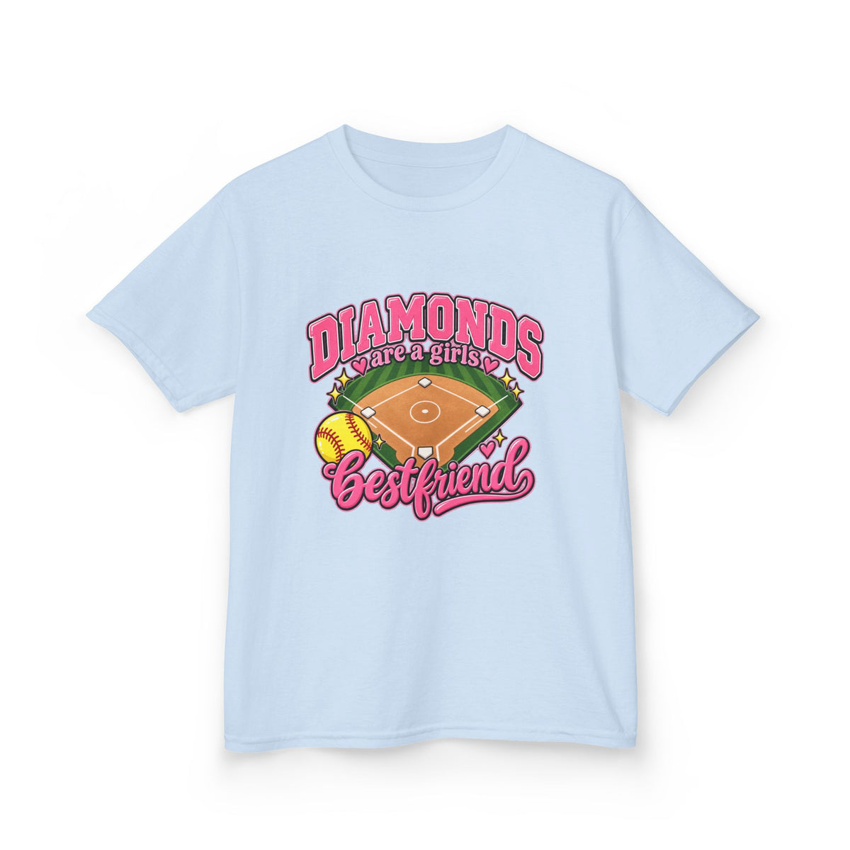 Kids Baseball Tee — "Diamonds Are My Bestfriend" Pink Softball Field Design