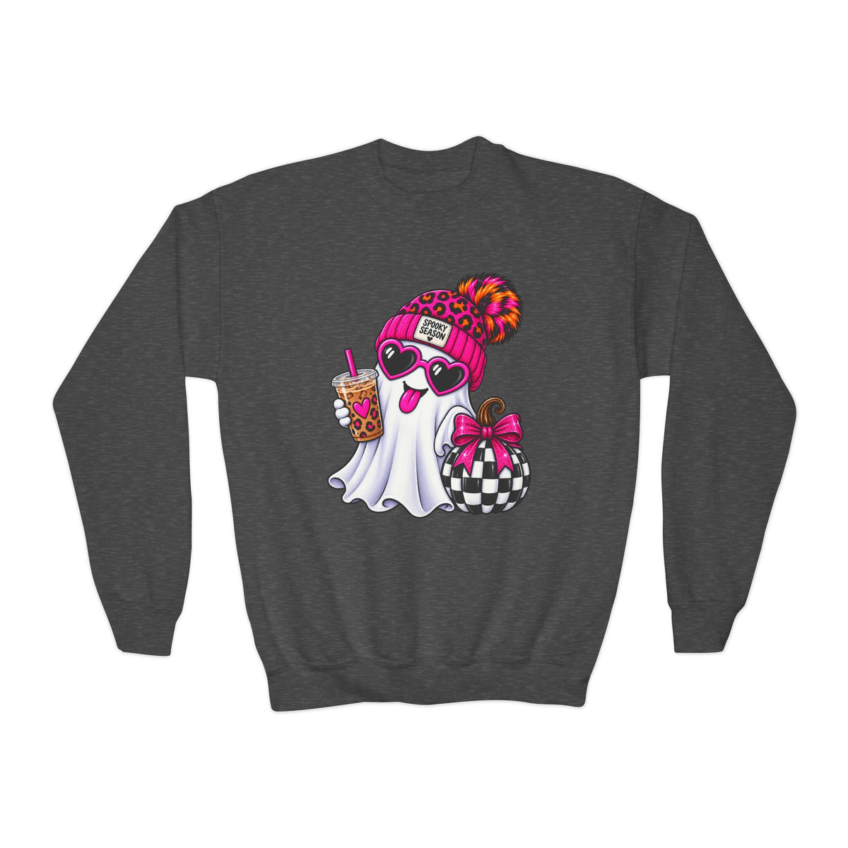 Cute Halloween Youth Crewneck Sweatshirt — Pink Beanie, Heart Sunglasses & Boba Teen Ghost Pullover