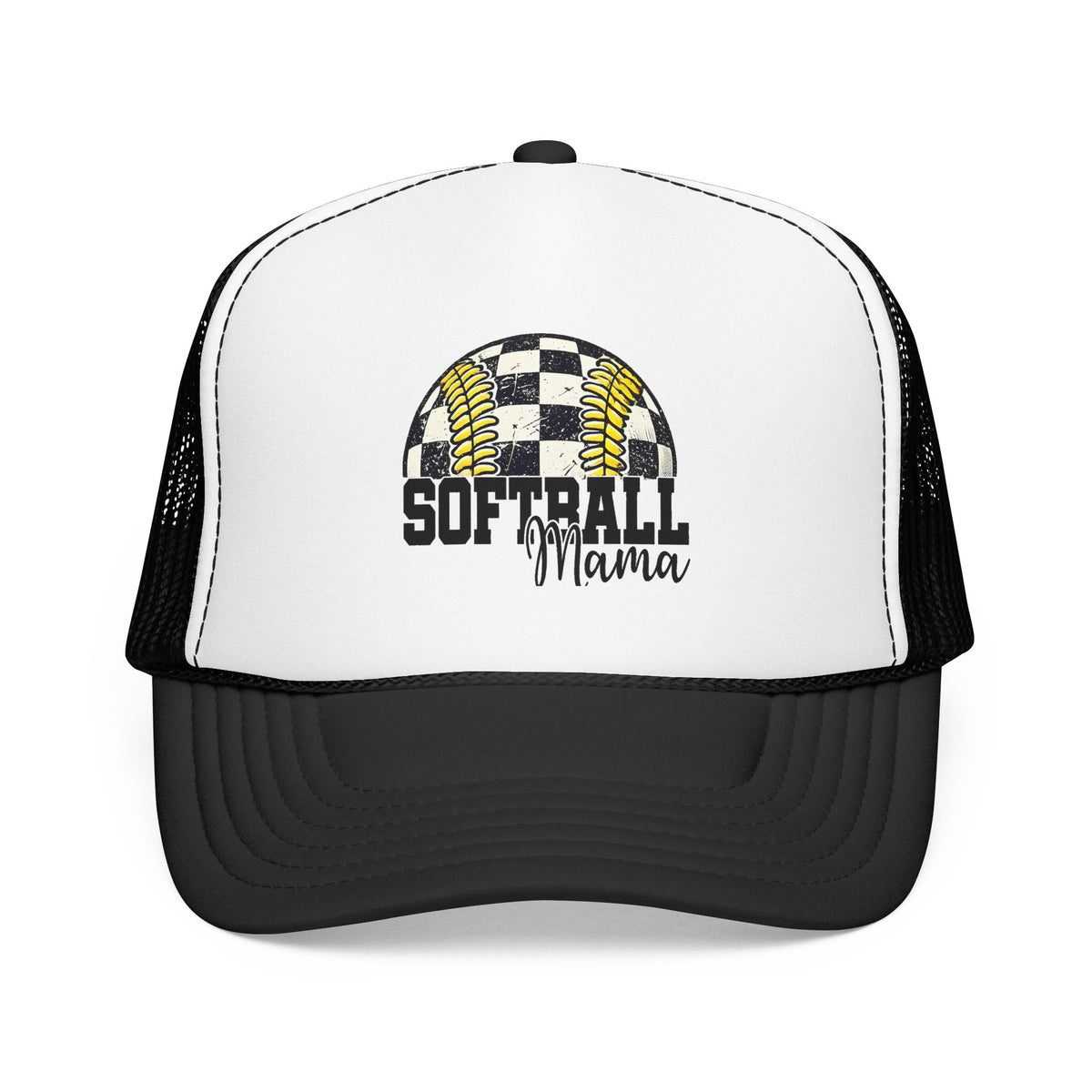 Softball Mama Trucker Hat — Checkered Softball Foam Cap for Baseball Moms