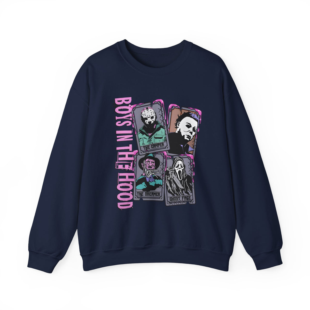 Horror Icons Crewneck Sweatshirt — "Boys in the Hood" Retro Slasher Graphic