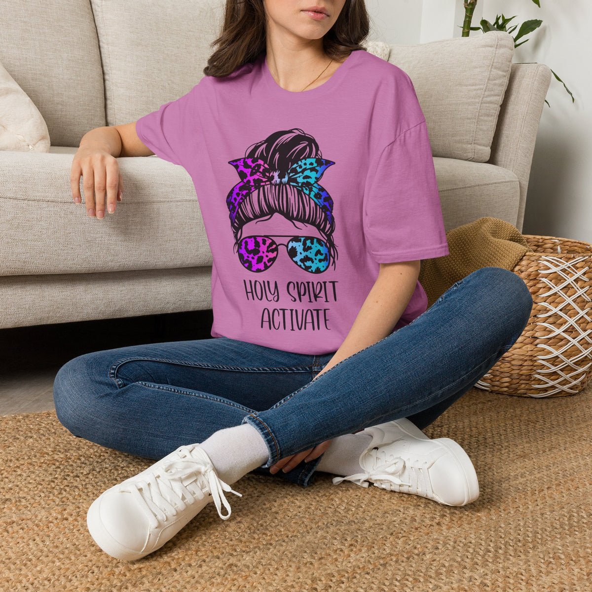 T-Shirt — Holy Spirit Activate Messy Bun Graphic Tee (Leopard Bow & Sunglasses)
