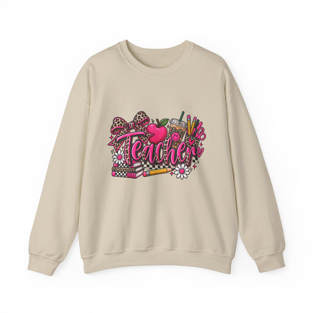 Teacher Heart Design Sweatshirt — Cute Pink Apple & School Supplies Crewneck