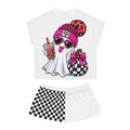 Cute Ghost Pajama Set — Women's Checkerboard Short Sleep Set with Pink Beanie & Bubble Tea Design