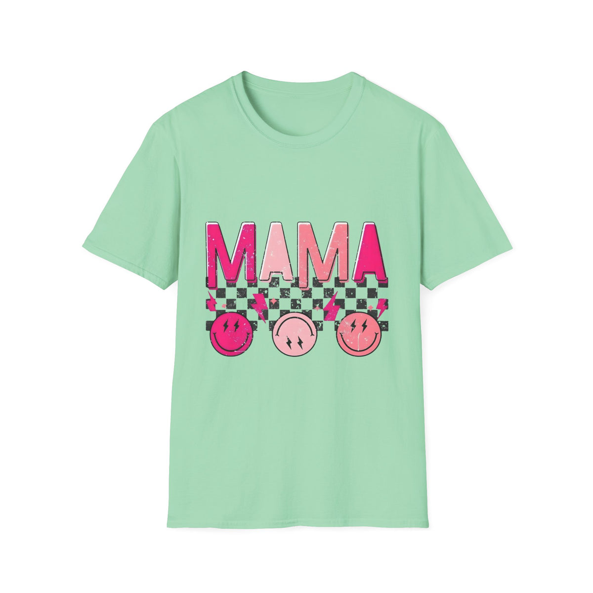 Mama Graphic T-Shirt — Pink Checkerboard Smiley Design