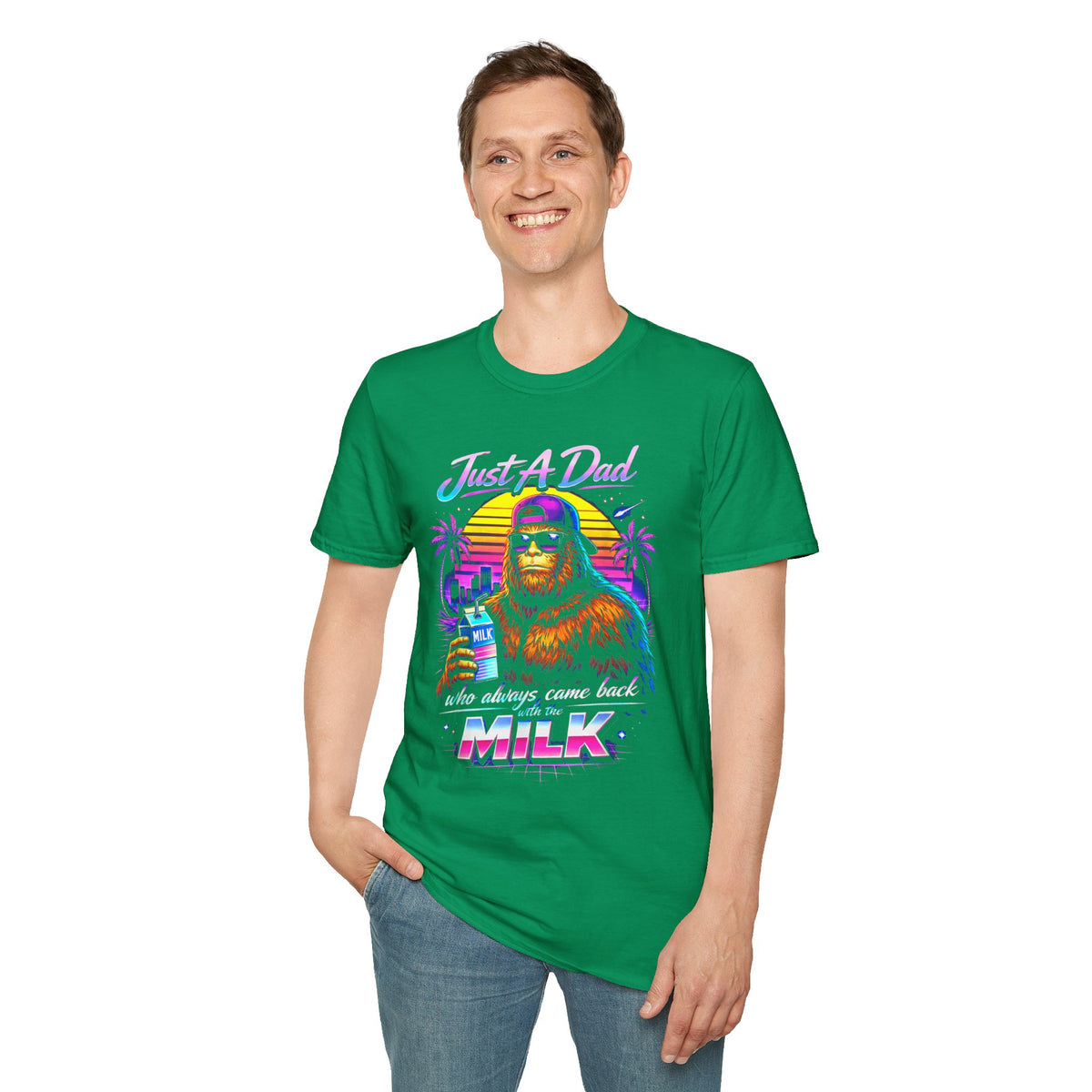 Just A Dad Neon Graphic T-Shirt — Retro Bigfoot Fatherhood 'He Always Comes Back for Milk' Tee