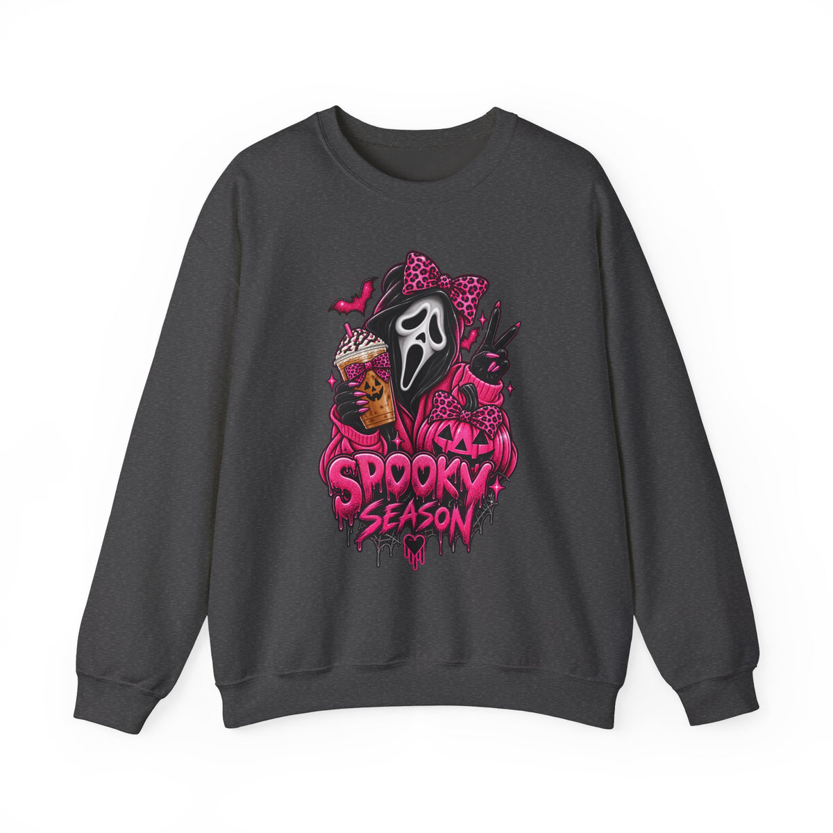 Spooky Season Crewneck Sweatshirt — Pink Horror Mask Graphic