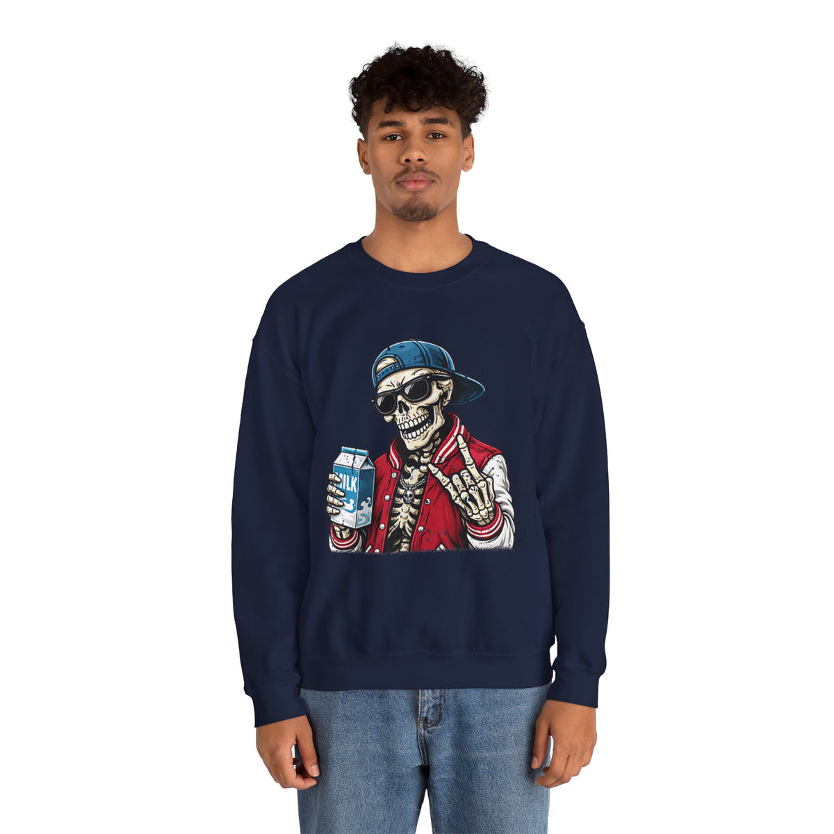 Skull Milk Crewneck Sweatshirt — Retro Skateboarding Skeleton Design