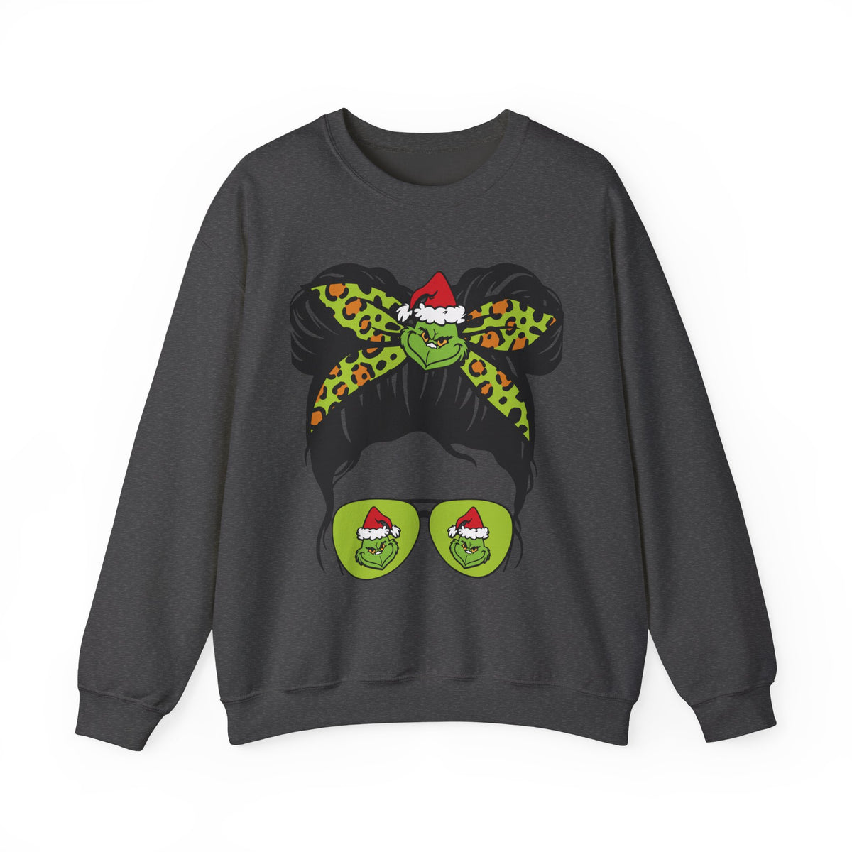 Grinch Messy Bun Crewneck Sweatshirt — Christmas Sunglasses Graphic