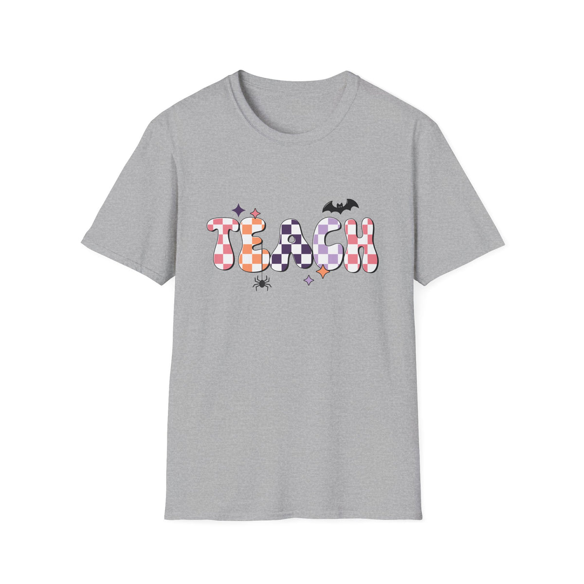 Halloween Teacher T-Shirt — Colorful Checker ‘TEACH’ Design with Bat & Spider