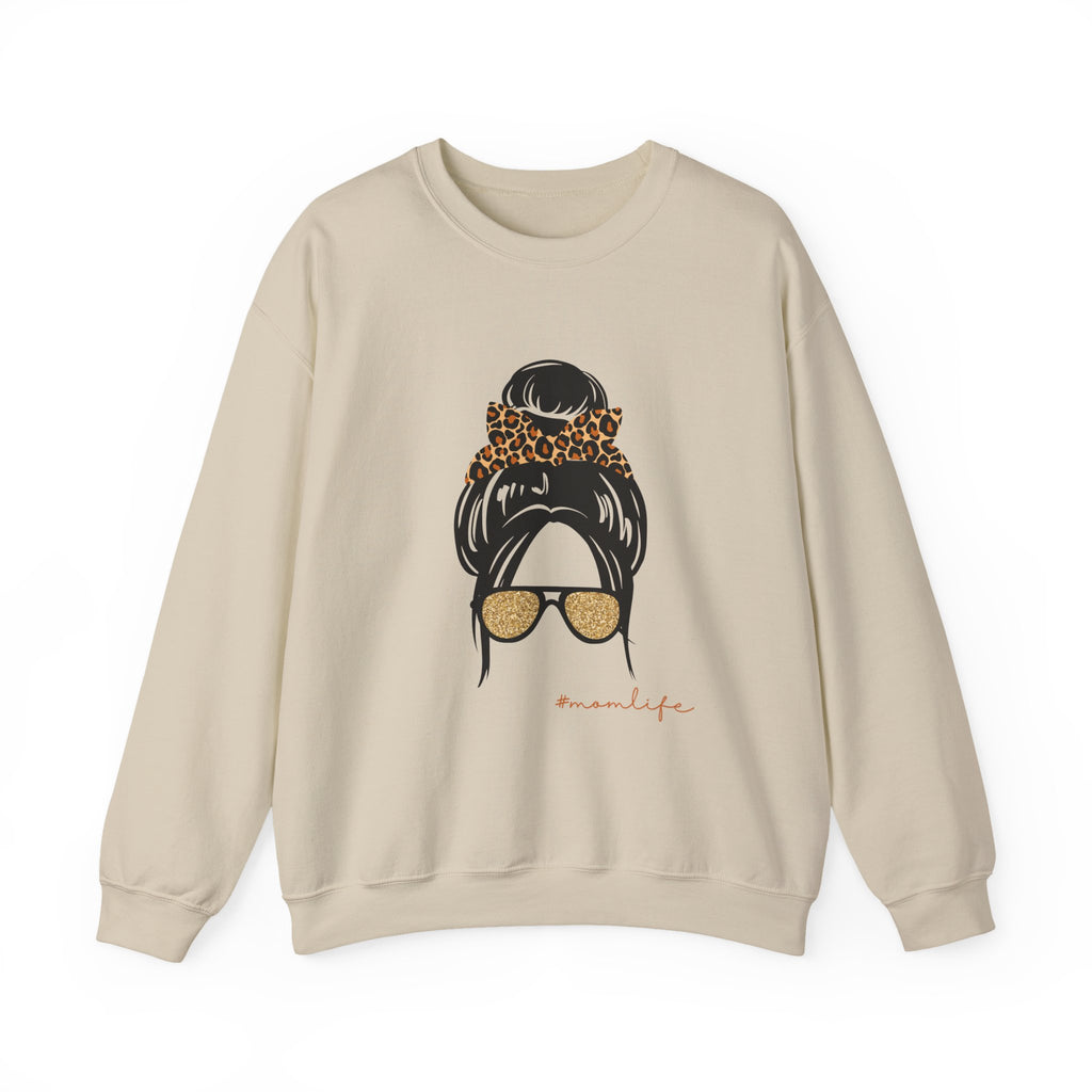 Crewneck Sweatshirt — Messy Bun with Leopard Scrunchie & Sunglasses “Mom Life” Graphic