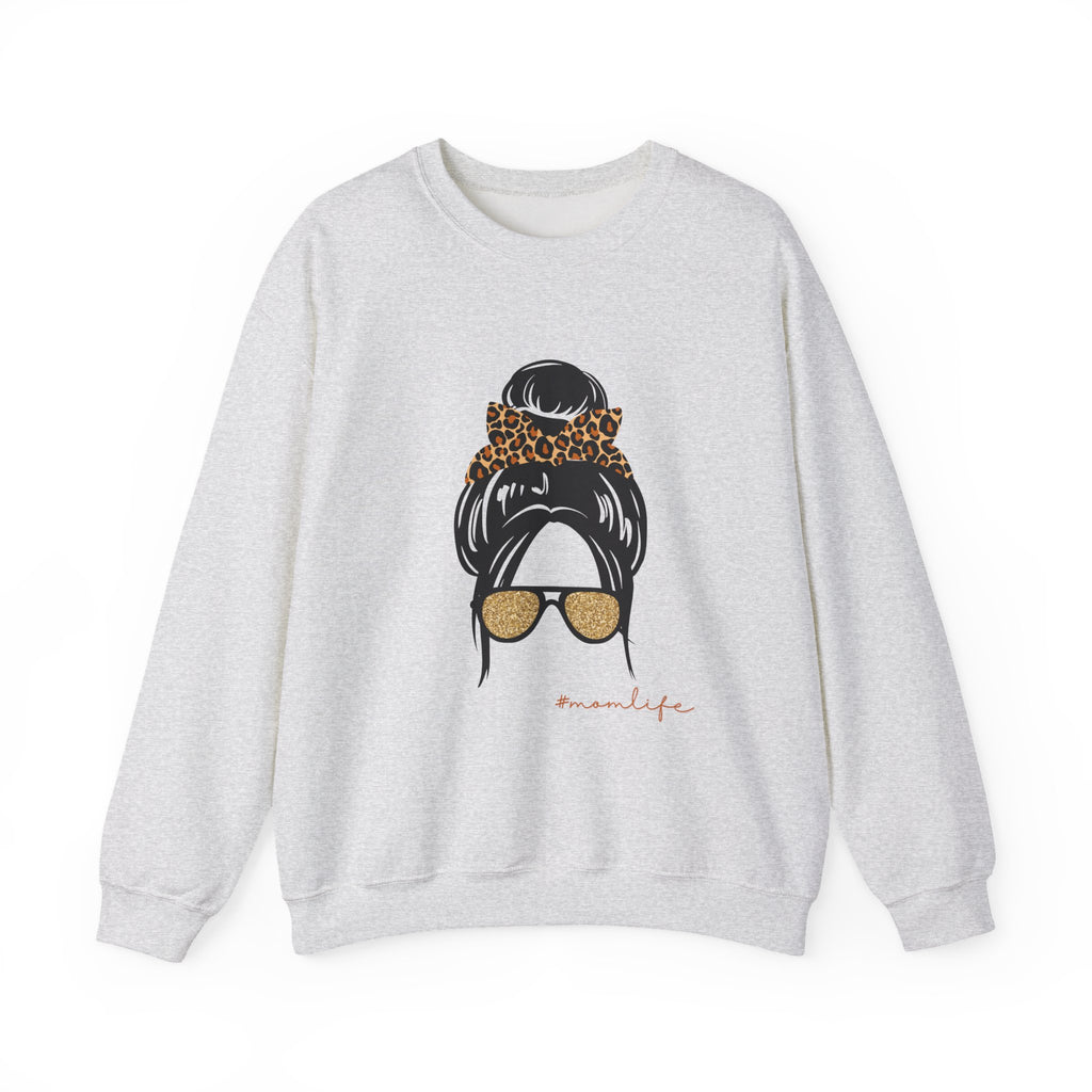 Crewneck Sweatshirt — Messy Bun with Leopard Scrunchie & Sunglasses “Mom Life” Graphic