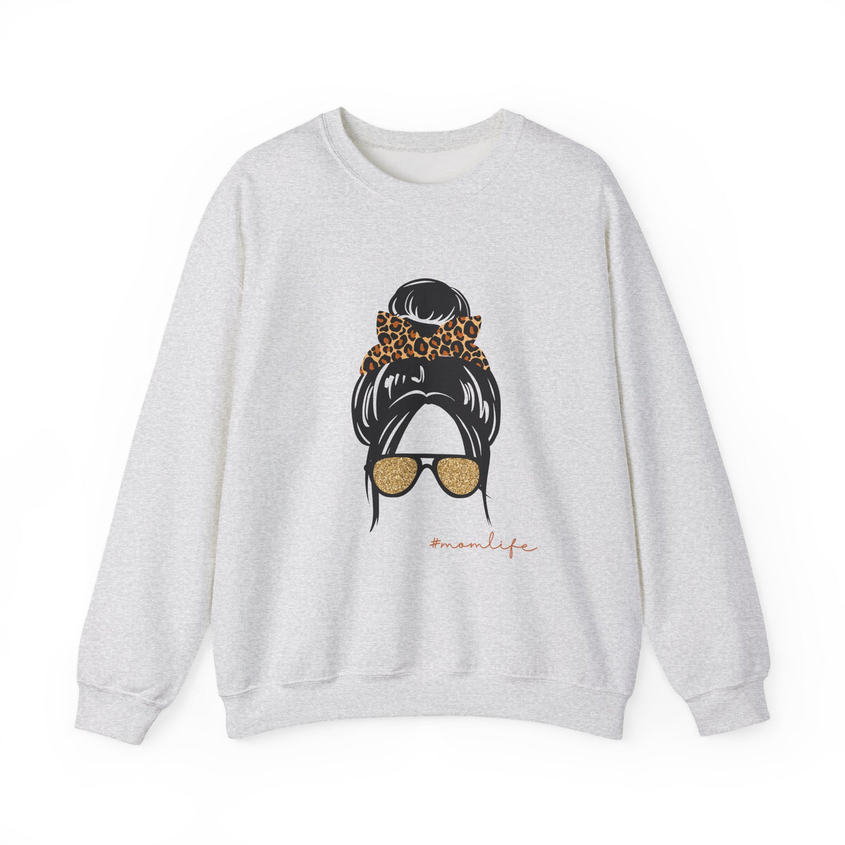 Crewneck Sweatshirt — Messy Bun with Leopard Scrunchie & Sunglasses “Mom Life” Graphic