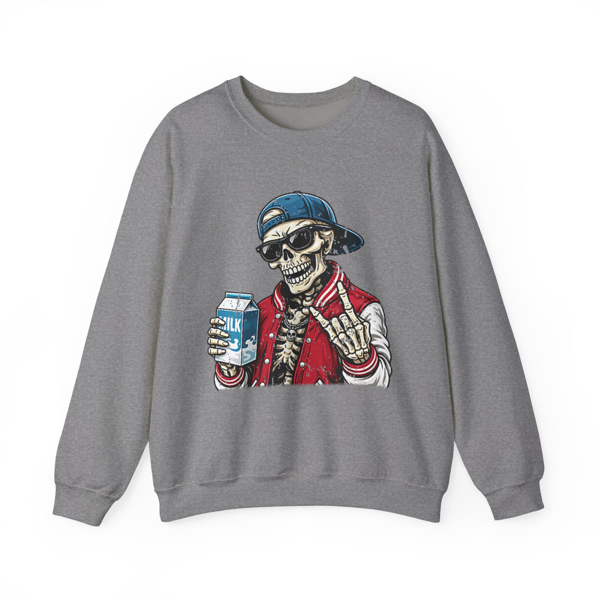 Skull Milk Crewneck Sweatshirt — Retro Skateboarding Skeleton Design