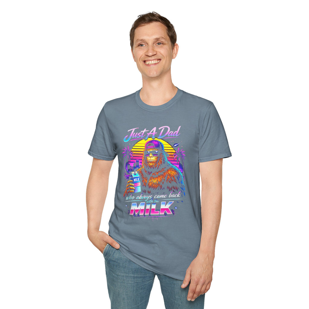 Just A Dad Neon Graphic T-Shirt — Retro Bigfoot Fatherhood 'He Always Comes Back for Milk' Tee