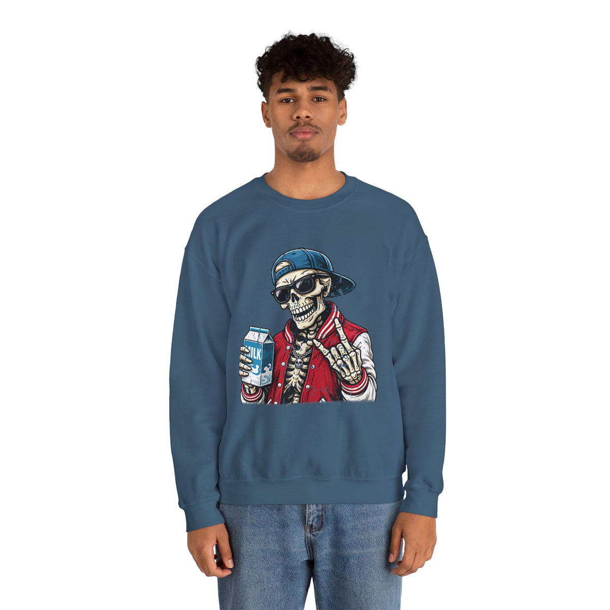 Skull Milk Crewneck Sweatshirt — Retro Skateboarding Skeleton Design