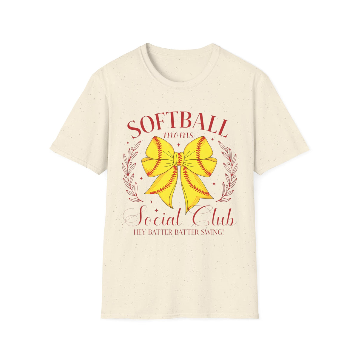 Softball Mom T-Shirt — Yellow Bow Baseball Stitch Design