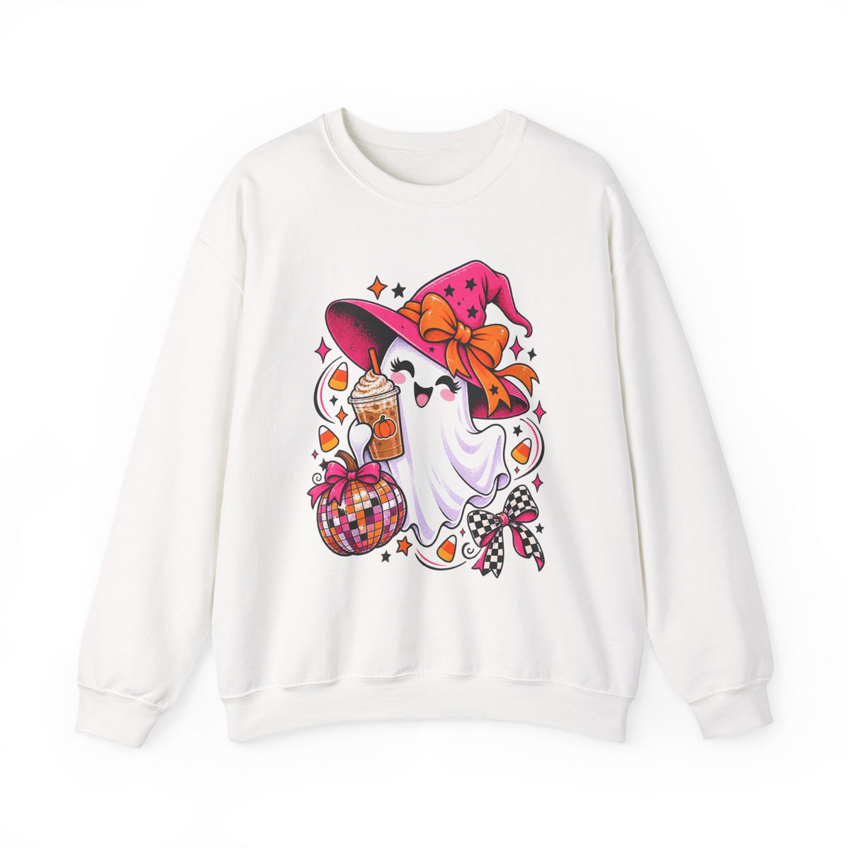 Cute Halloween Ghost Sweatshirt – Witch Hat, Pumpkin & Cozy Fall Sweets Design