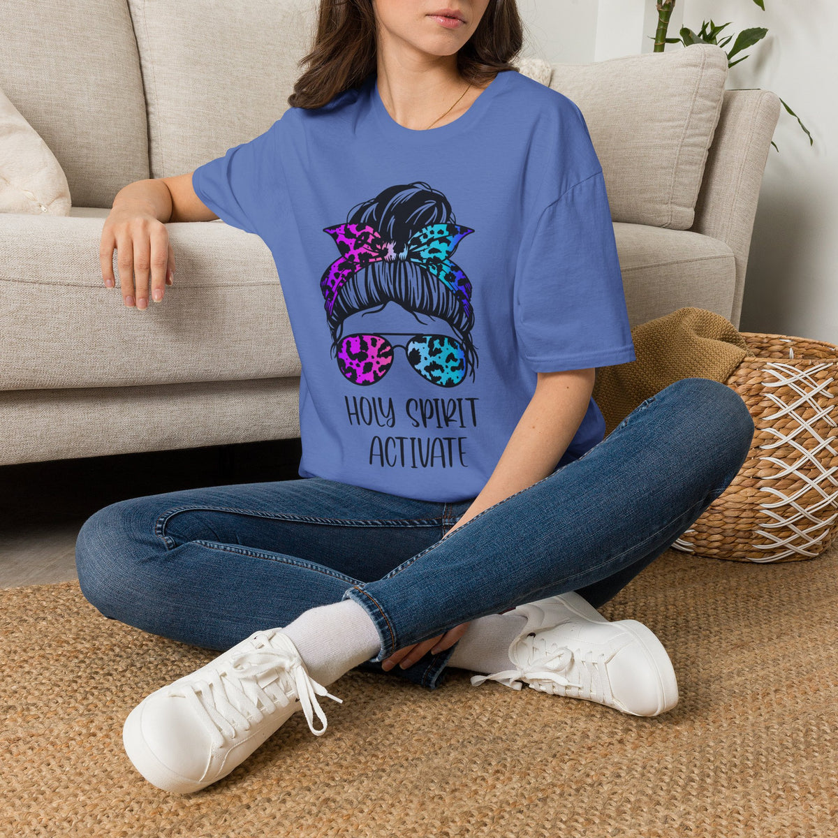T-Shirt — Holy Spirit Activate Messy Bun Graphic Tee (Leopard Bow & Sunglasses)