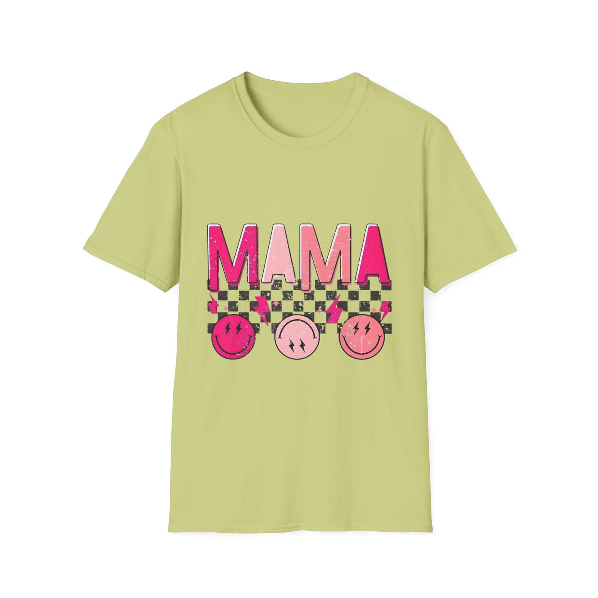 Mama Graphic T-Shirt — Pink Checkerboard Smiley Design