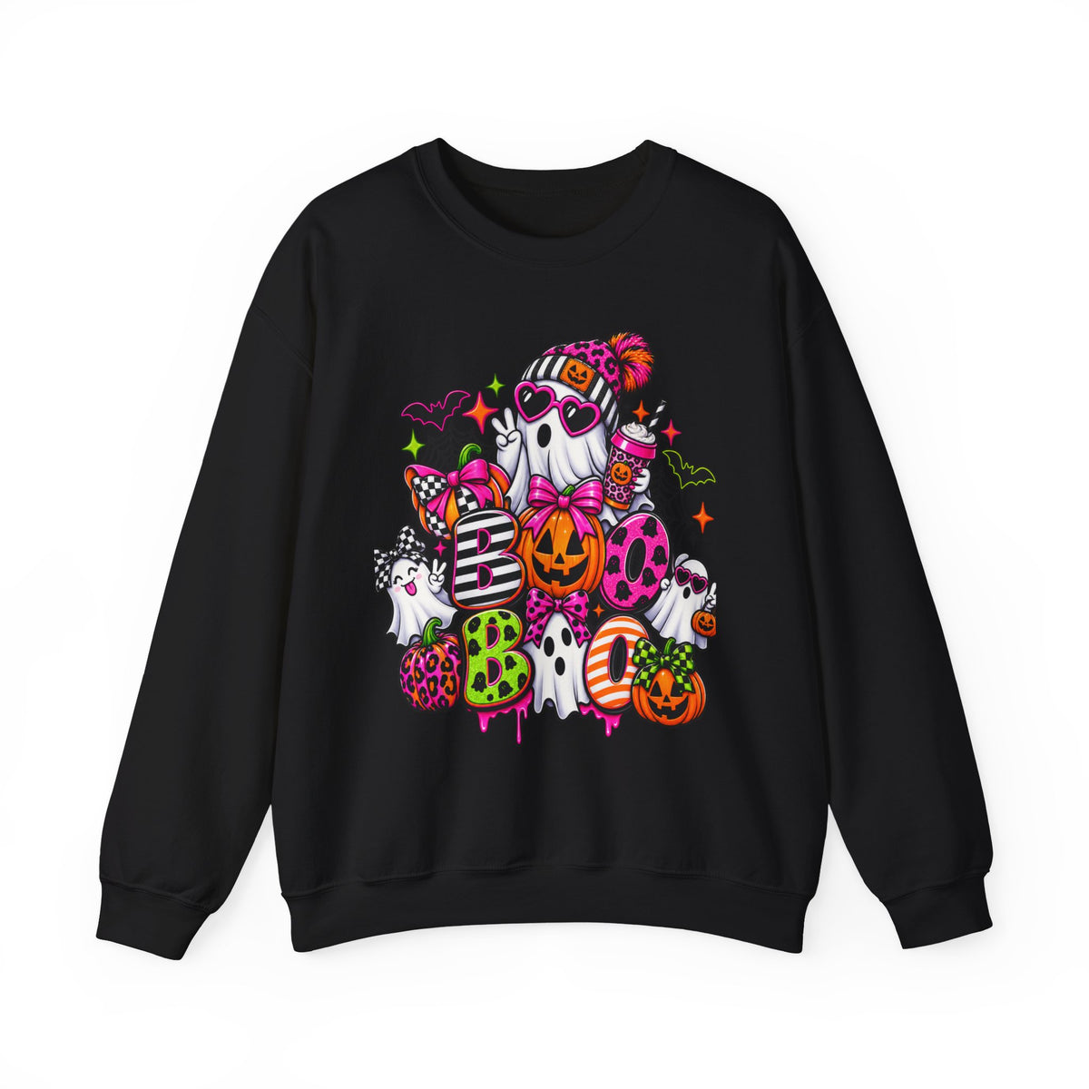 Cute Halloween Ghosts Crewneck Sweatshirt — Colorful Pumpkin & Candy Graphic
