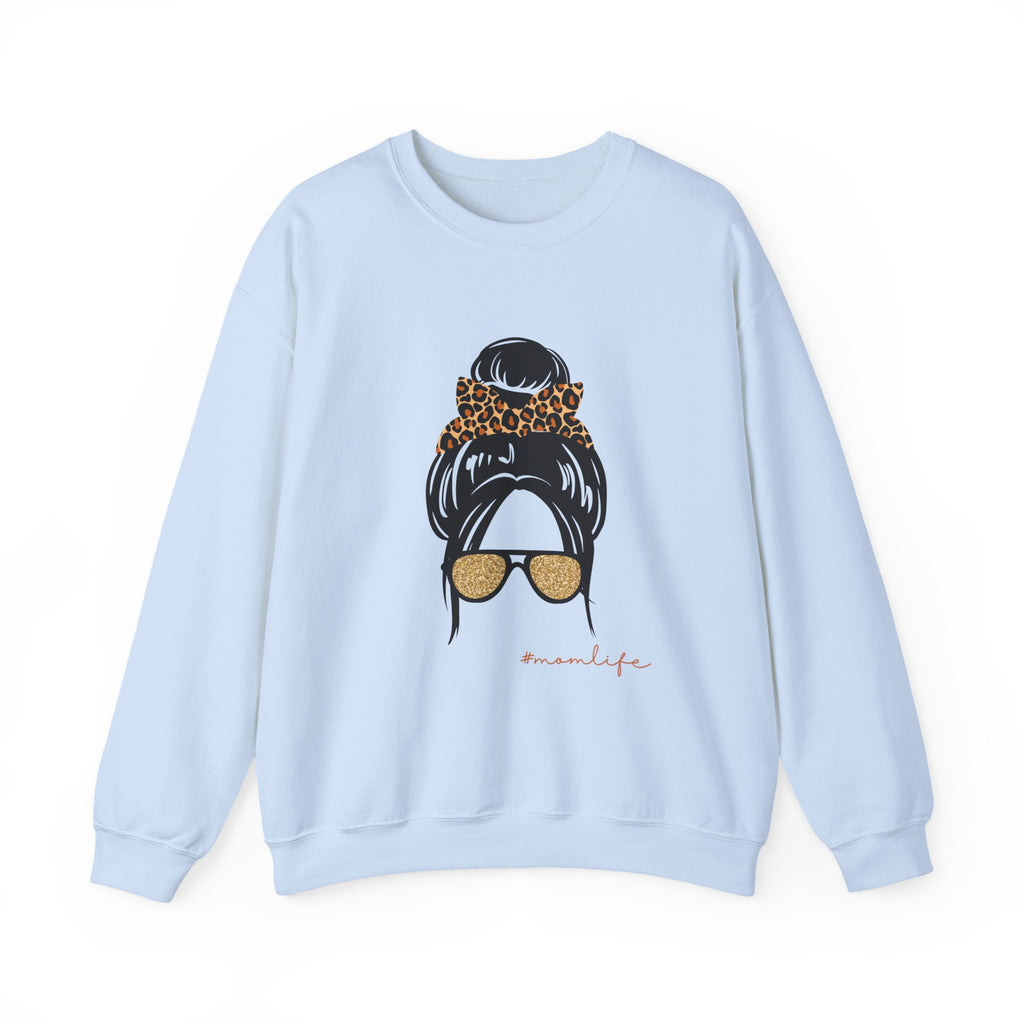 Crewneck Sweatshirt — Messy Bun with Leopard Scrunchie & Sunglasses “Mom Life” Graphic