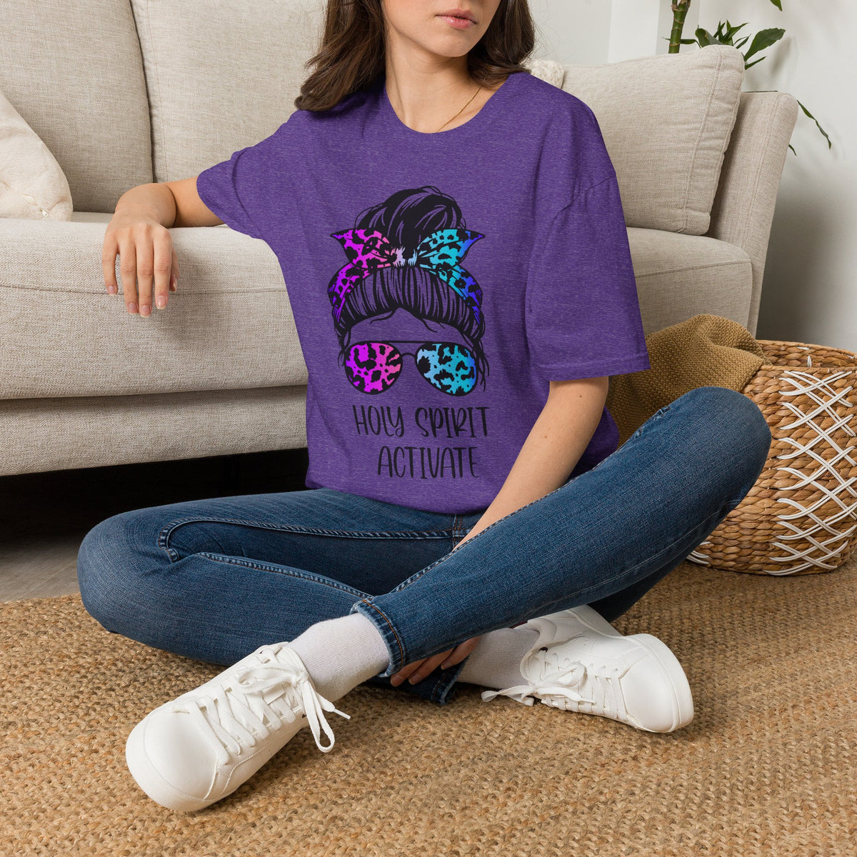 T-Shirt — Holy Spirit Activate Messy Bun Graphic Tee (Leopard Bow & Sunglasses)