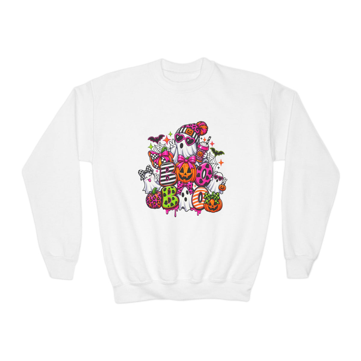 Youth Halloween Crewneck Sweatshirt — Colorful Haunted Pumpkin & Ghost Design