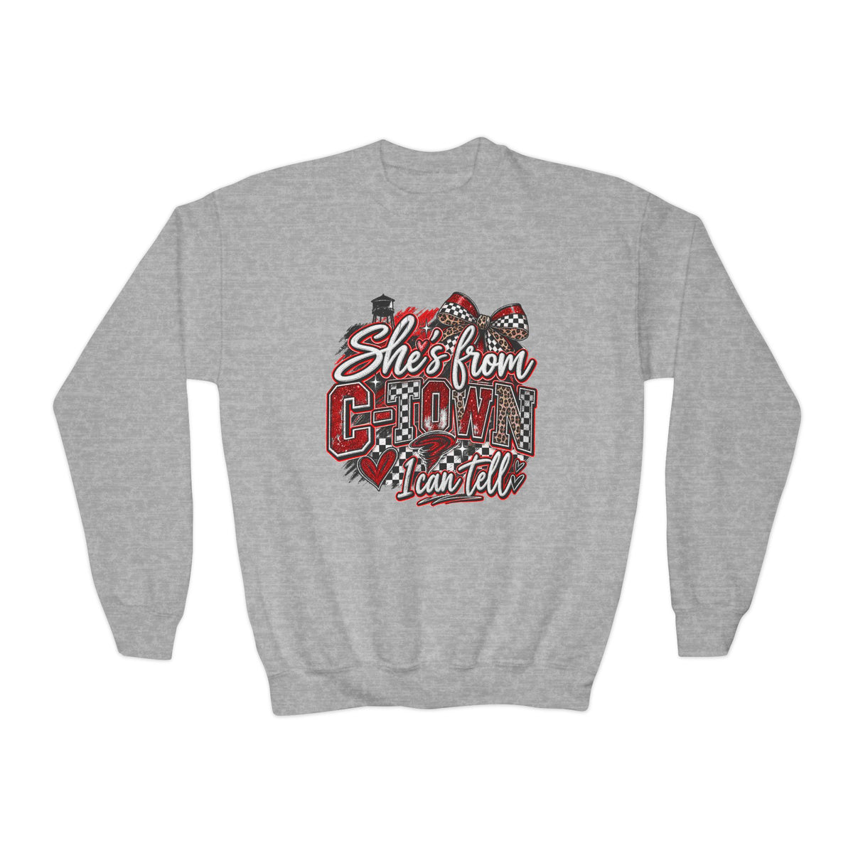 Youth Crewneck Sweatshirt - "She's From C-town I Can Tell" Leopard Plaid Graphic