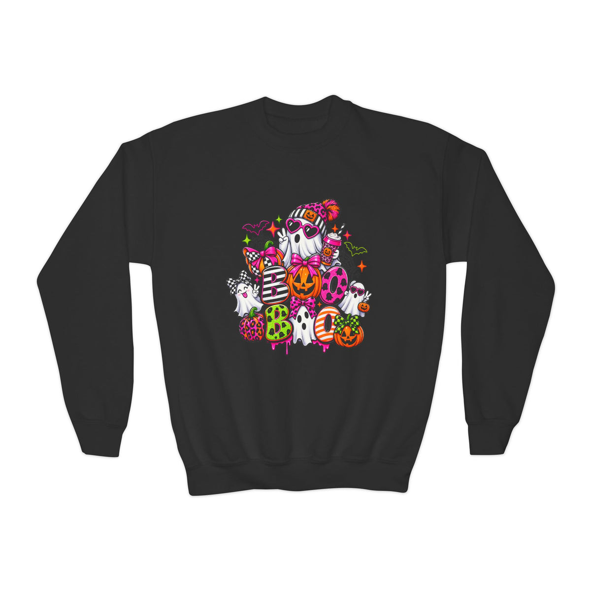 Youth Halloween Crewneck Sweatshirt — Colorful Haunted Pumpkin & Ghost Design